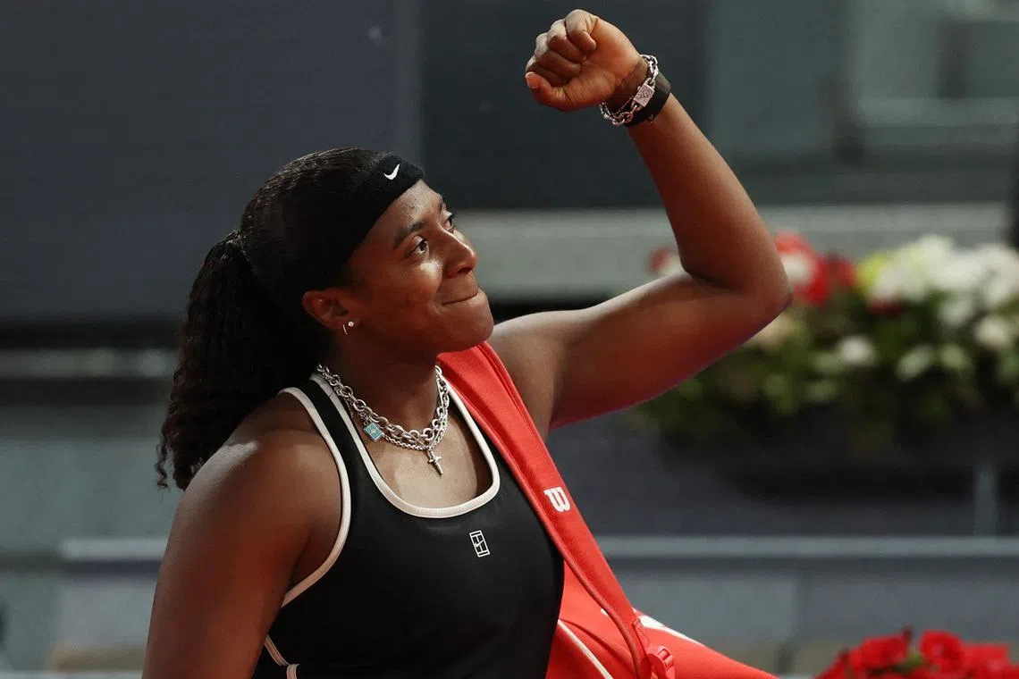 Tennis - Madrid Open - Park Manzanares, Madrid, Spain - April 28, 2026 Hailey Baptiste of the U.S. celebrates winning her quarter final match against Belarus' Aryna Sabalenka REUTERS/Violeta Santos Moura