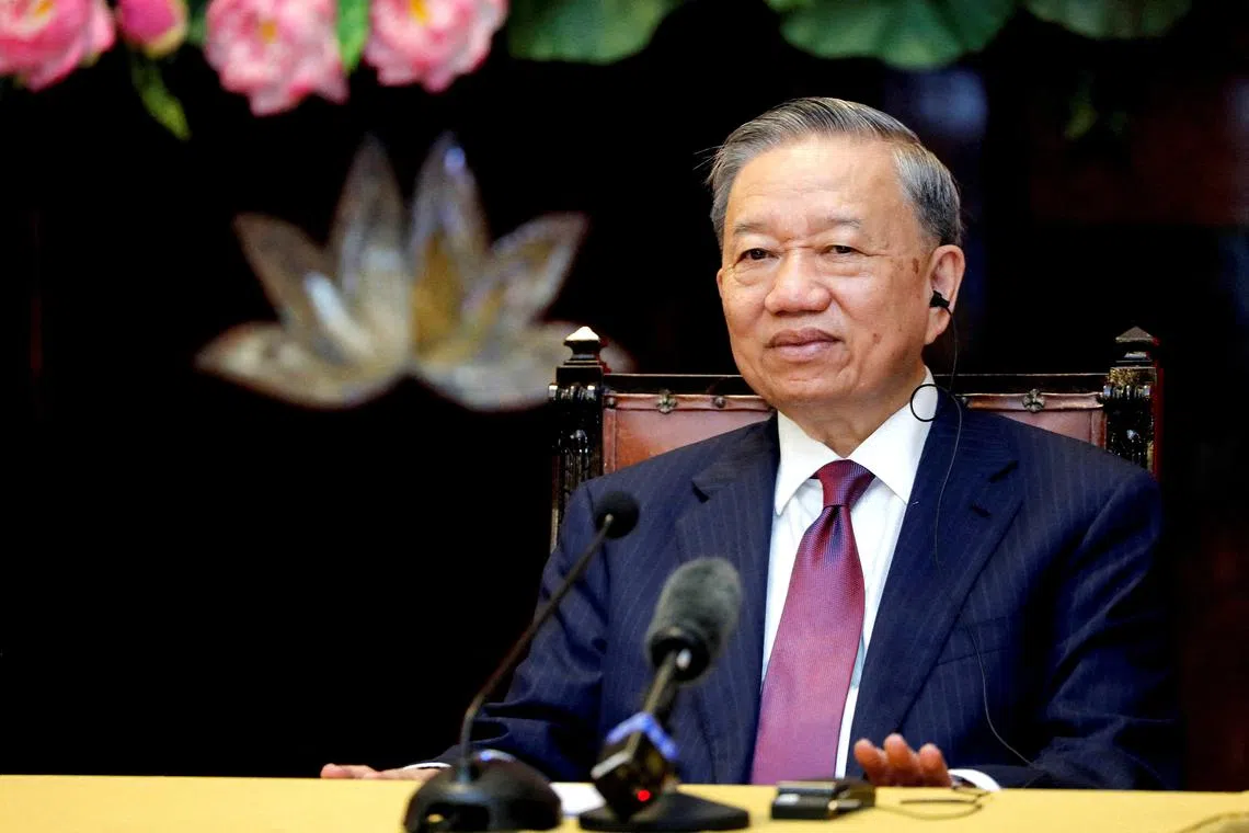 FILE PHOTO: Vietnamese President To Lam attends a press briefing with Russian President Vladimir Putin (not pictured), at the Presidential Palace in Hanoi, Vietnam, Thursday, June 20, 2024. MINH HOANG/Pool via REUTERS/File Photo