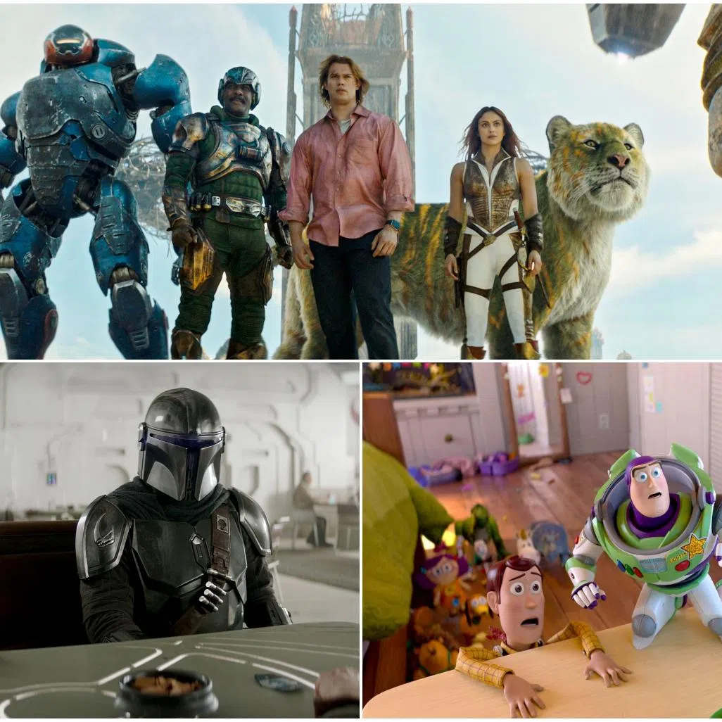 (Clockwise from to left) Idris Elba, Nicholas Galitzine and Camila Mendes in Masters Of The Universe, Tim Allen and Tom Hanks in Toy Story 5, and Pedro Pascal and Grogu in The Mandalorian And Grogu.