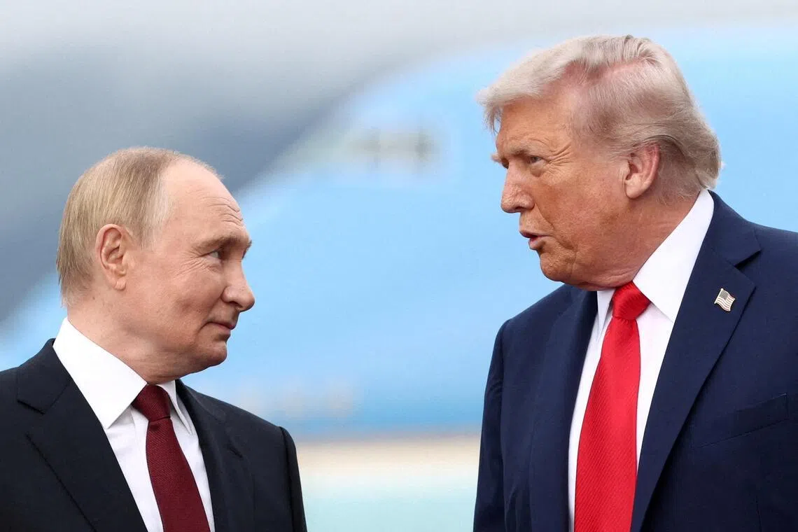 US President Donald Trump (right) welcoming Russian counterpart Vladimir Putin to the US in August 2025.