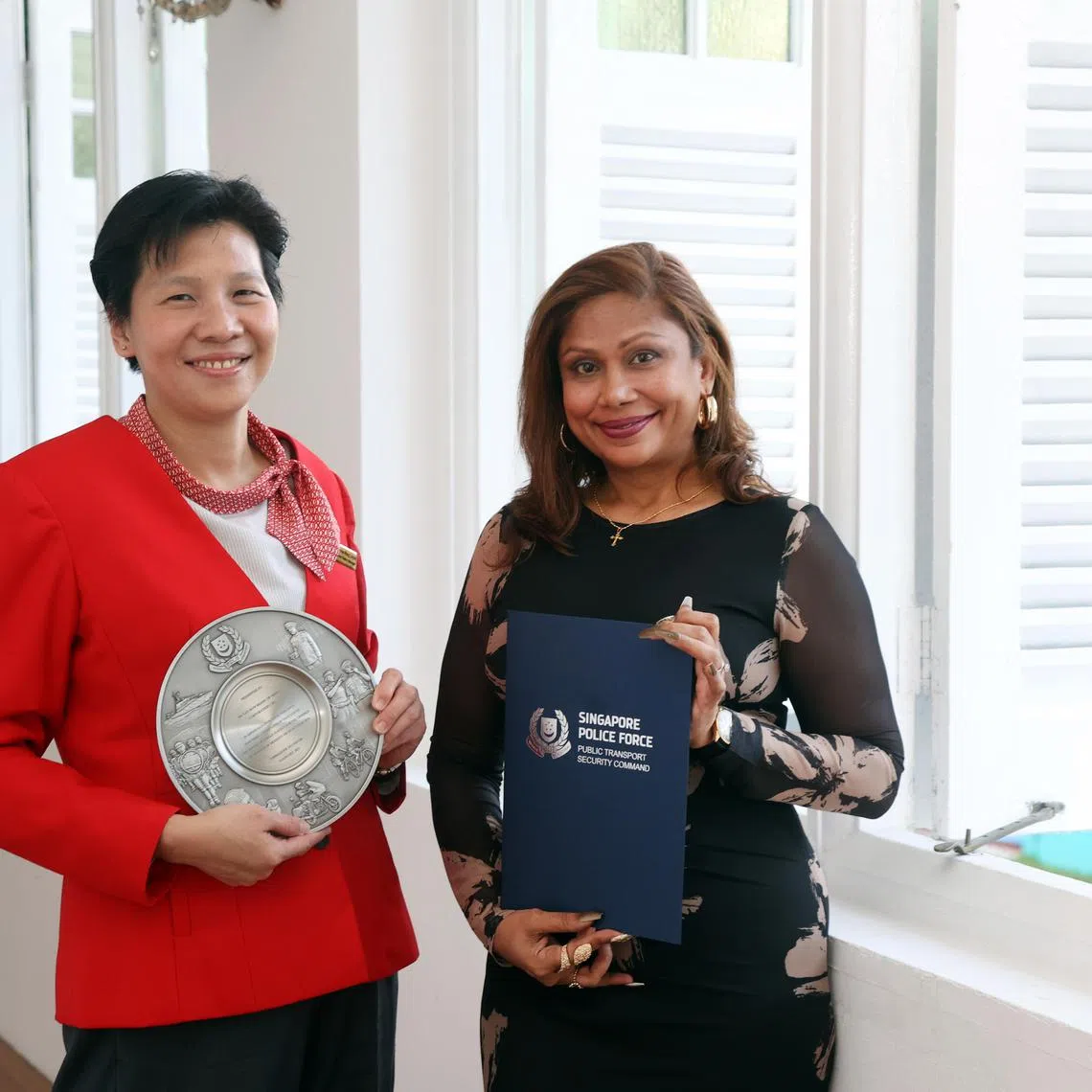 CMG20250108-KwongKC01/邝启聪/ 郭跃男/ Public Transport Security Command Public Spiritedness Award Ceremony/Senior Police Officer's Mess at 153 Mount Pleasant Road, Singapore 298341/Member of the public: Zoe Lalitha, SMRT staff: Ms Tan How Miang