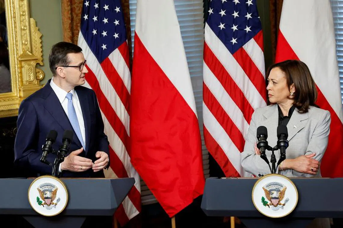 FILE PHOTO: Poland's Prime Minister Mateusz Morawiecki delivers remarks with U.S. Vice President Kamala Harris before their meeting in her ceremonial office in the Eisenhower Executive Office Building on the White House campus in Washington, D.C., U.S. April 11, 2023. REUTERS/Jonathan Ernst