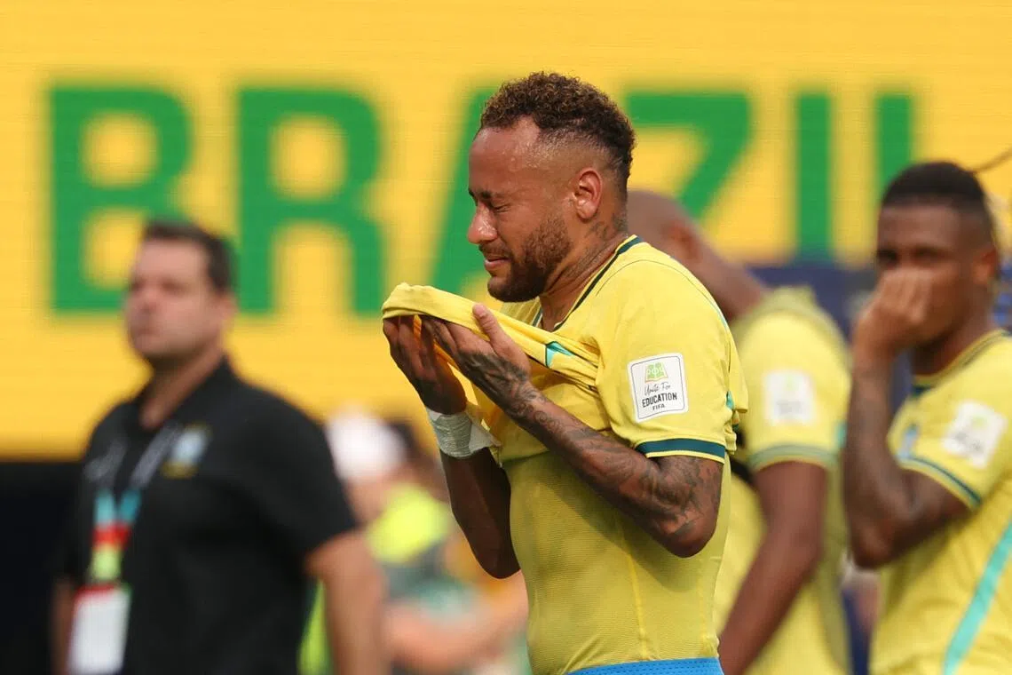 Brazil forward Neymar reacting after they were booted out of the World Cup by Norway on July 5.