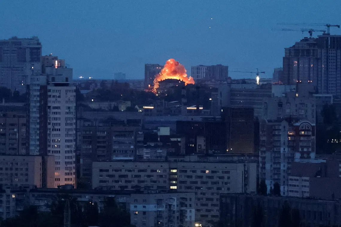 An explosion of a drone is seen during a Russian drone strike, amid Russia's attack on Ukraine, in Kyiv, Ukraine, on May 7, 2025.