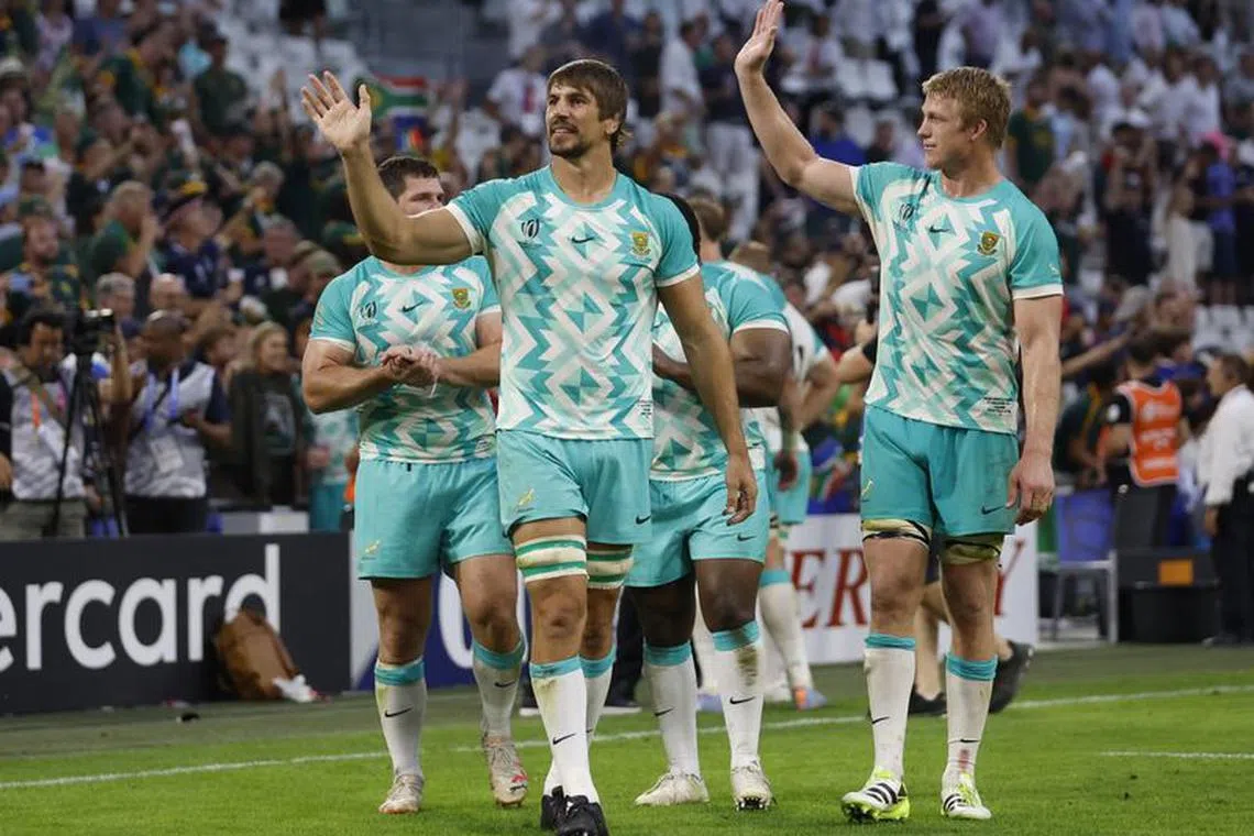 Rugby Union - Rugby World Cup 2023 - Pool B - South Africa v Scotland - Orange Velodrome, Marseille, France - September 10, 2023 South Africa's Eben Etzebeth and Pieter-Steph du Toit celebrates after the match REUTERS/Peter Cziborra