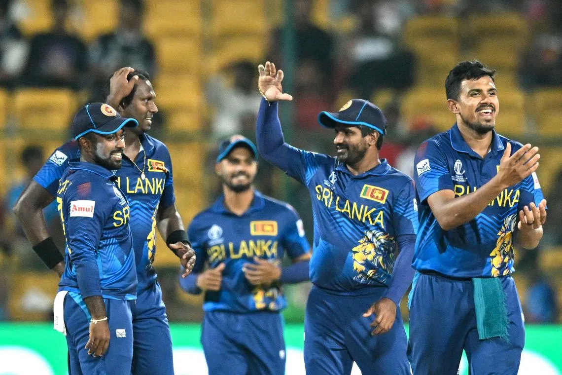 Sri Lanka celebrate after taking the wicket of New Zealand's Mark Chapman during the Cricket World Cup.