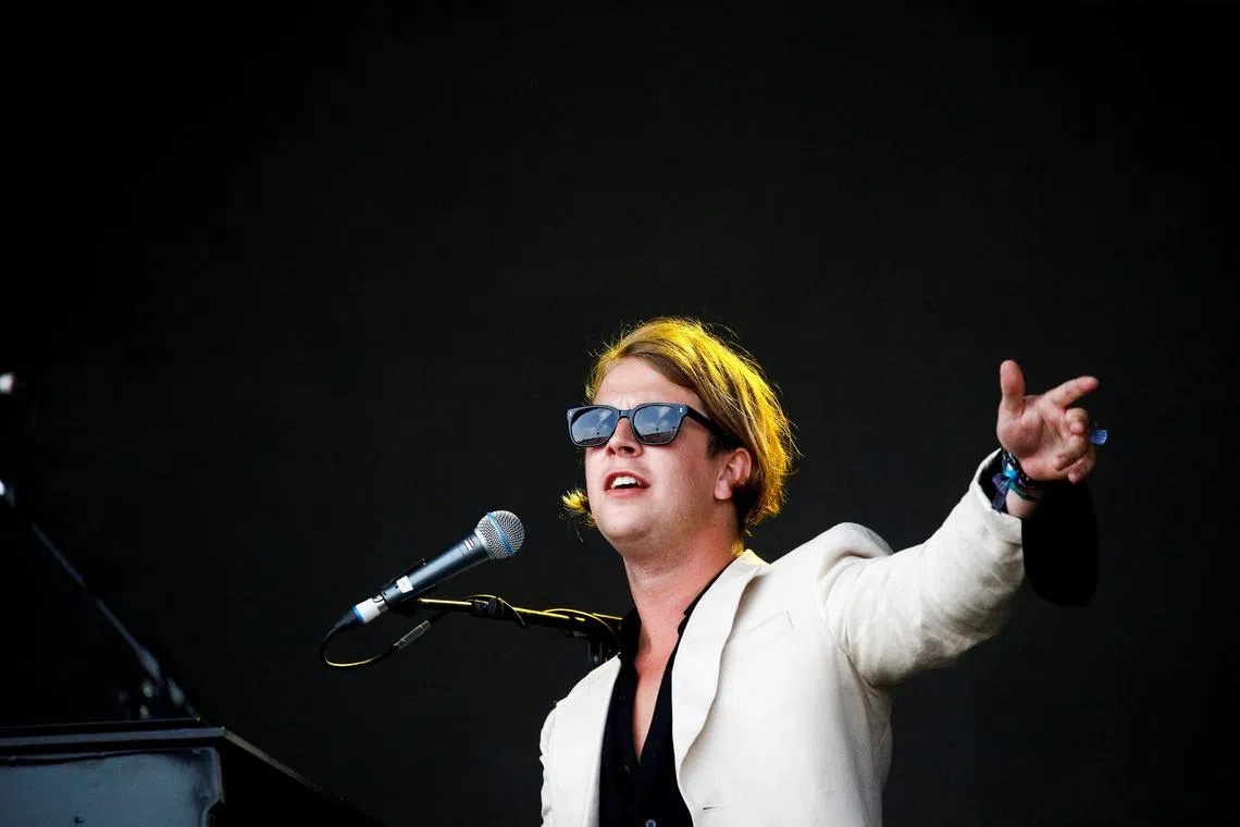 British singer Tom Odell performs on the Pyramid Stage during Glastonbury Festival in Somerset, Britain on June 28, 2019. 