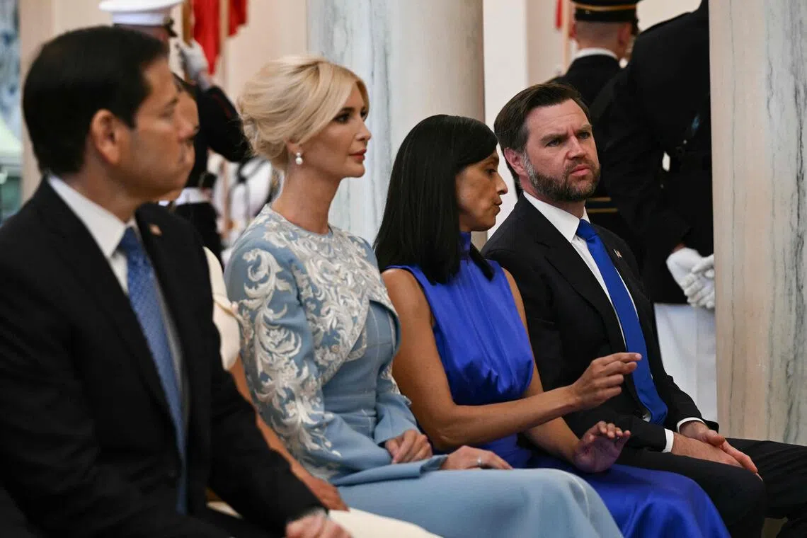 US President Donald Trump’s daughter, Ivanka (2nd from left), was dressed in a pale-blue outfit by Chinese designer Guo Pei, during the welcome ceremony at the White House for Chinese President Xi Jinping. With her were (from left) US Secretary of State Marco Rubio, Second Lady Usha Vance and Vice-President JD Vance.