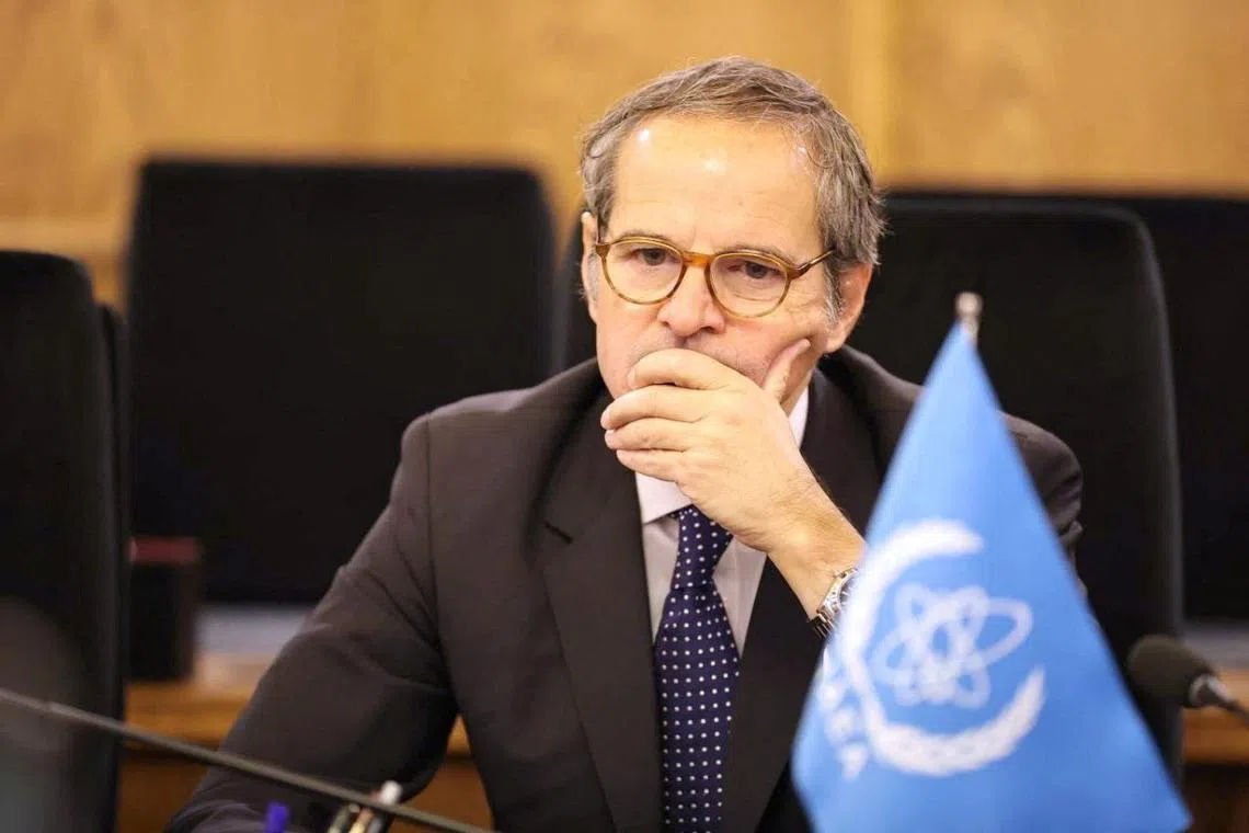 International Atomic Energy Agency (IAEA) Director General Rafael Grossi meets with the head of Iranian Atomic Energy Organisation, Mohammad Eslami (not pictured), in Tehran, Iran, April 17, 2025. Iranian Atomic Organisation/WANA (West Asia News Agency)/Handout via REUTERS