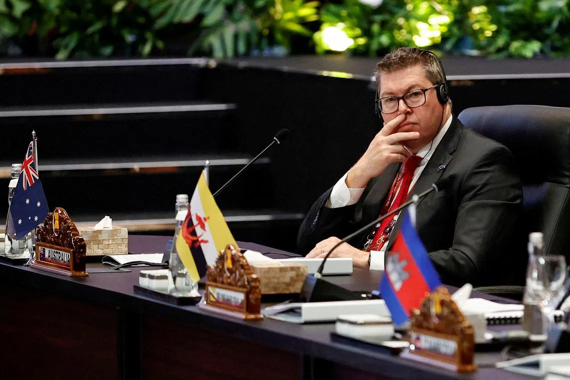 FILE PHOTO: Australia's Minister for Defence Industry Pat Conroy gestures during the 10th Association of Southeast Asian Nations (ASEAN) Defense Ministers' Meeting Plus in Jakarta, Indonesia, November 16, 2023. REUTERS/Willy Kurniawan/Pool/File Photo