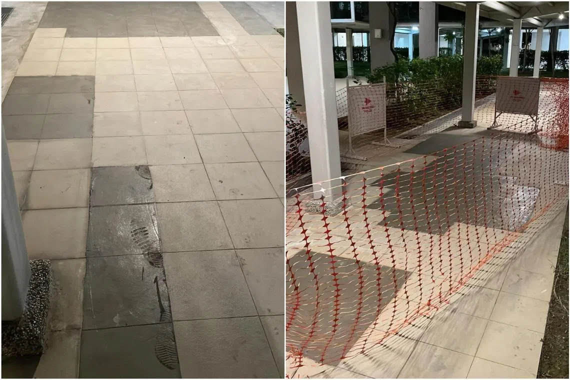 A layer of cement replacing cracked tiles at a HDB in Anchorvale.