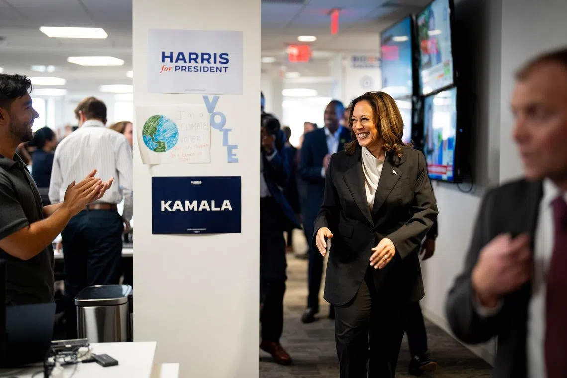 Vice-President Kamala Harris visits the Democratic campaign headquarters in Wilmington as Beyonce’s song Freedom is played in the background.