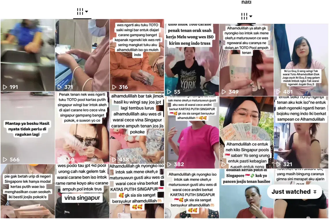 There are multiple TikTok accounts featuring women holding up wads of cash they claimed to have won in Singapore Pools’ Toto draws, with captions mostly in Javanese.