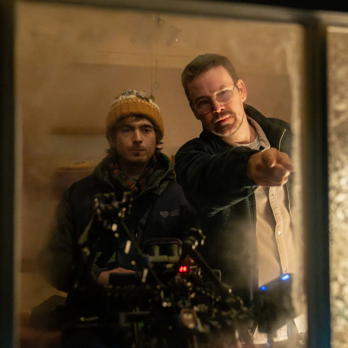 Austin Abrams (left) and Zach Cregger on the set of Resident Evil.