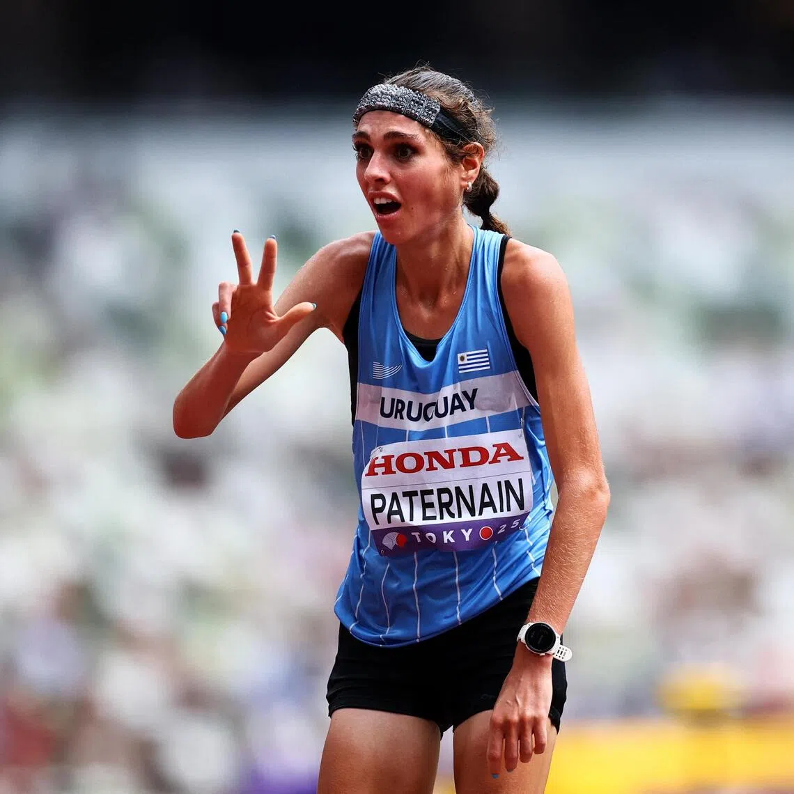 A bewildered and brilliant Julia Paternain of Uruguay trying to confirm she actually finished in third place in the Women's Marathon at the World Athletics Championships. 