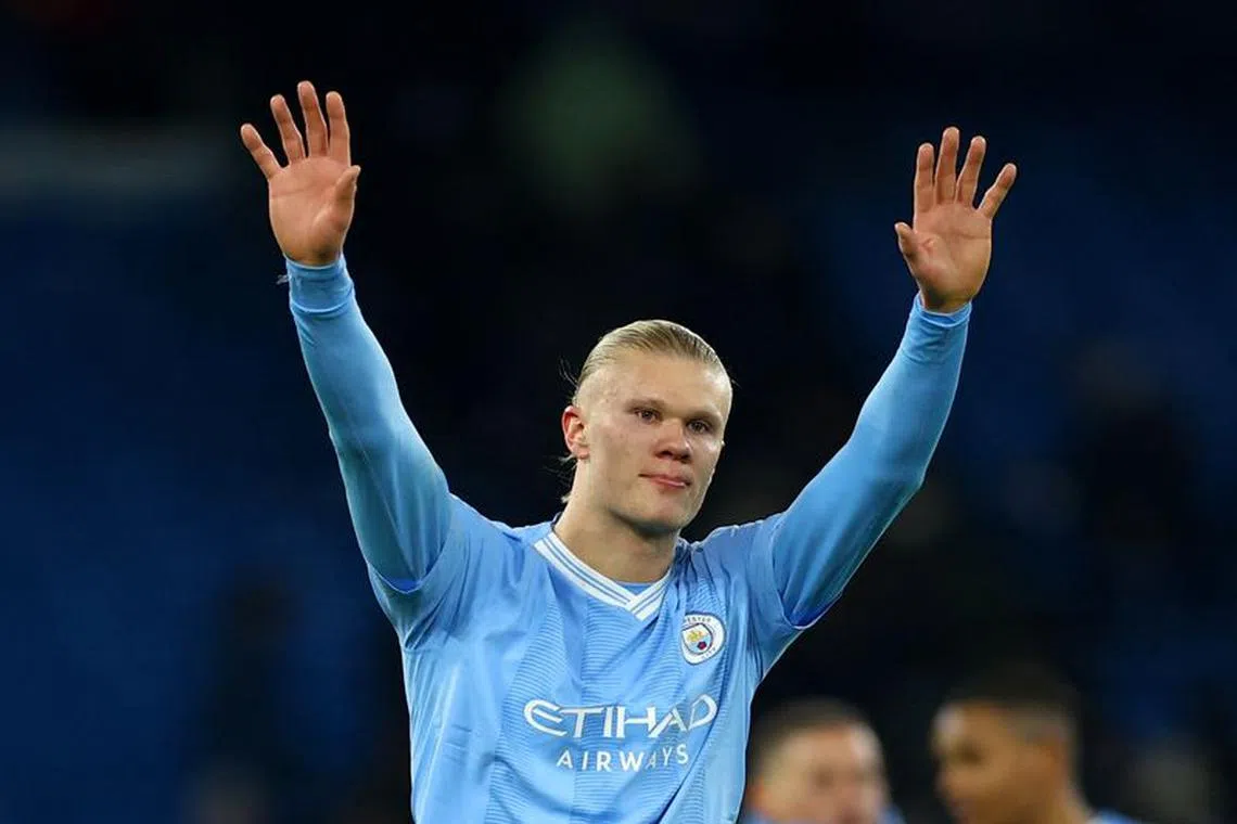 Soccer Football - Champions League - Group G - Manchester City v RB Leipzig - Etihad Stadium, Manchester, Britain - November 28, 2023 Manchester City's Erling Braut Haaland celebrates after the match REUTERS/Molly Darlington
