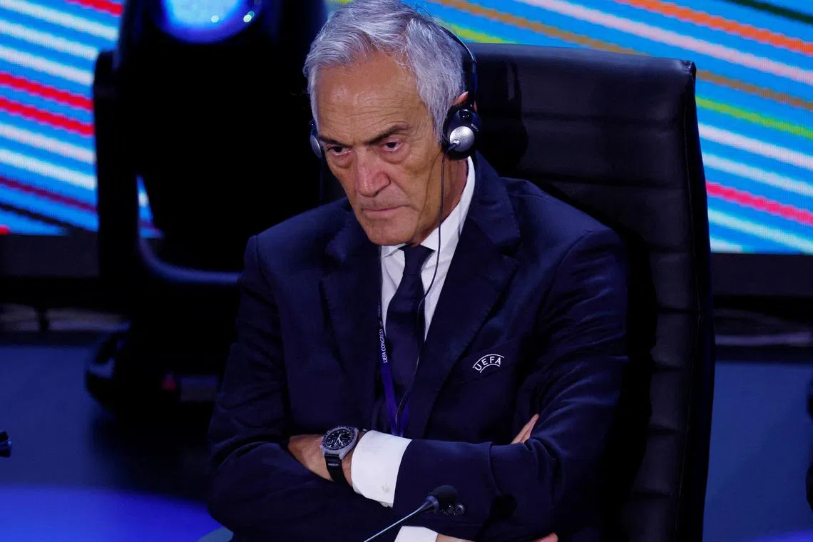 FILE PHOTO: Soccer Football - UEFA Congress - Maison de la Mutualite, Paris, France - February 8, 2024 President of the Italian football federation Gabriele Gravina during the UEFA congress REUTERS/Gonzalo Fuentes/File Photo