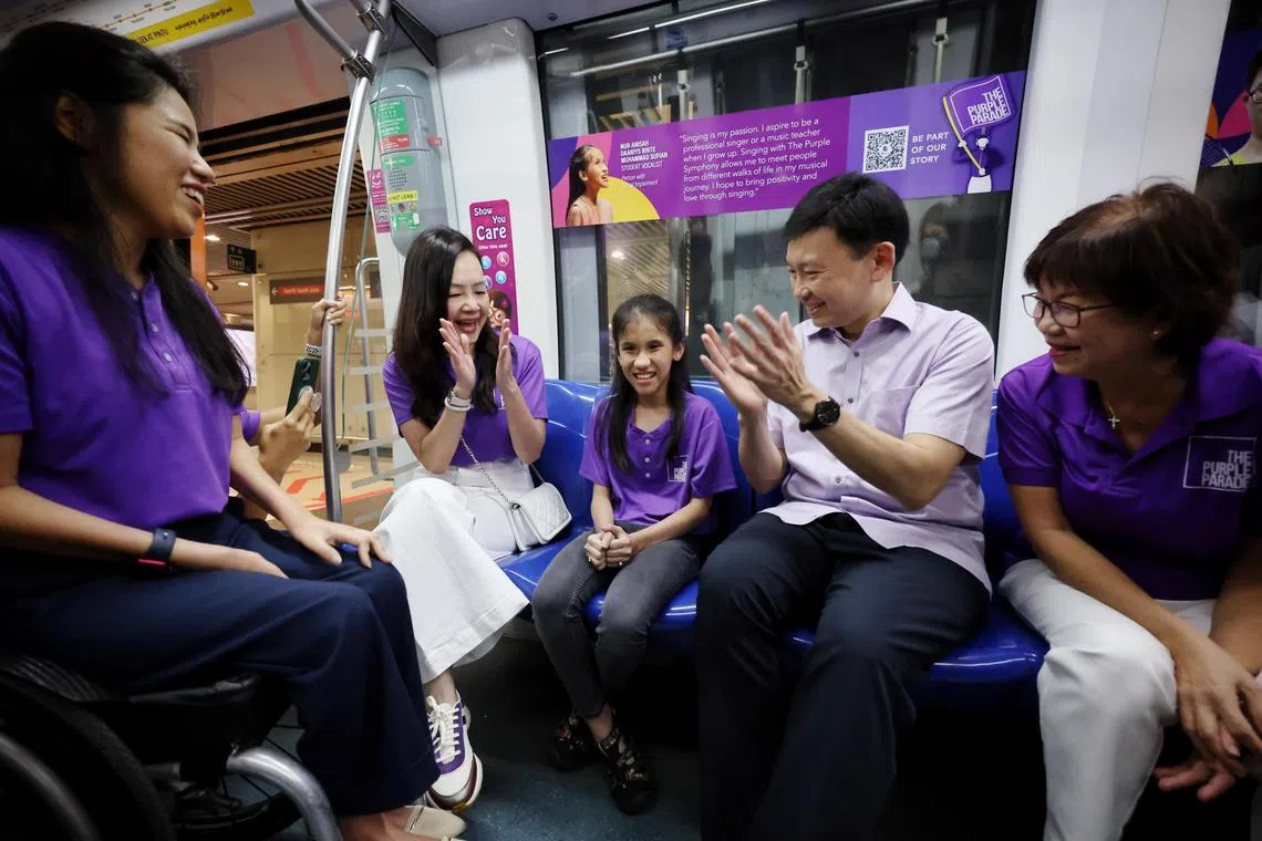 ST20240314_202407296777/wwpurple14/Whitney/Jason Quah

(From left) Ms Yip Pin Xiu, Paralympian with Charcot-Marie-Tooth, Ms Rachel Ong,  Member of Parliament, West Coast GRC, Ms Nur Anisah Daaniys binte Muhammad Sufian, vocalist with visual impairment, Mr Chee Hong Tat, Transport Minister, Ms Denise Phua, Mayor of Central Singapore District, on board a Purple Parade-themed designed circle line MRT train on March 14, 2024.
//
Special-concept train and buses will feature 21 Faces of Persons with disabilities, and the spirit of The Purple Parade as part of year-long campaign.