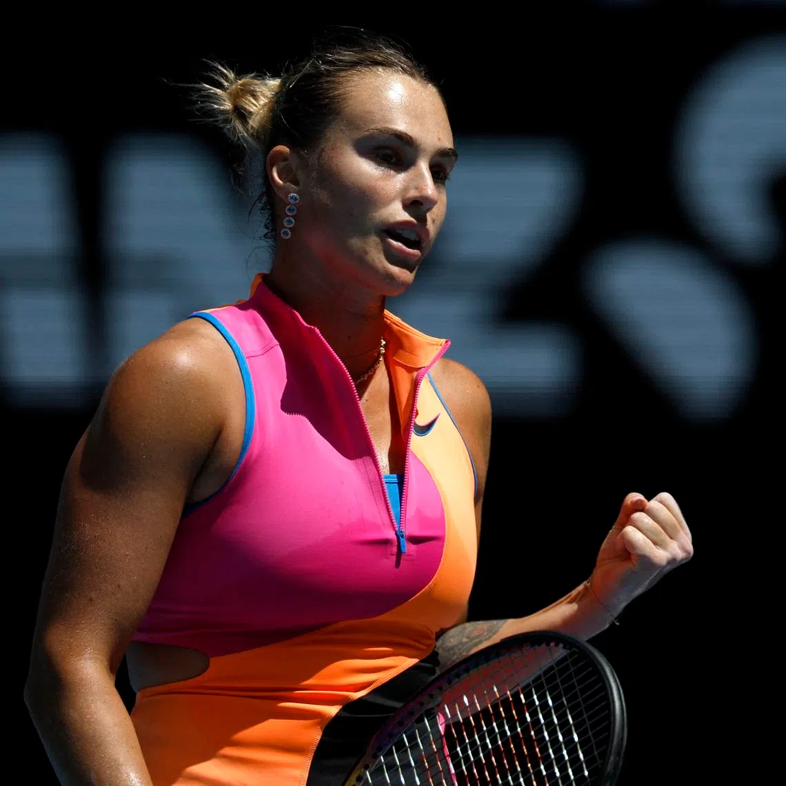 Tennis - Australian Open - Melbourne Park, Melbourne, Australia - January 21, 2026 Belarus' Aryna Sabalenka reacts during her second round match against China's Zhuoxuan Bai REUTERS/Hollie Adams