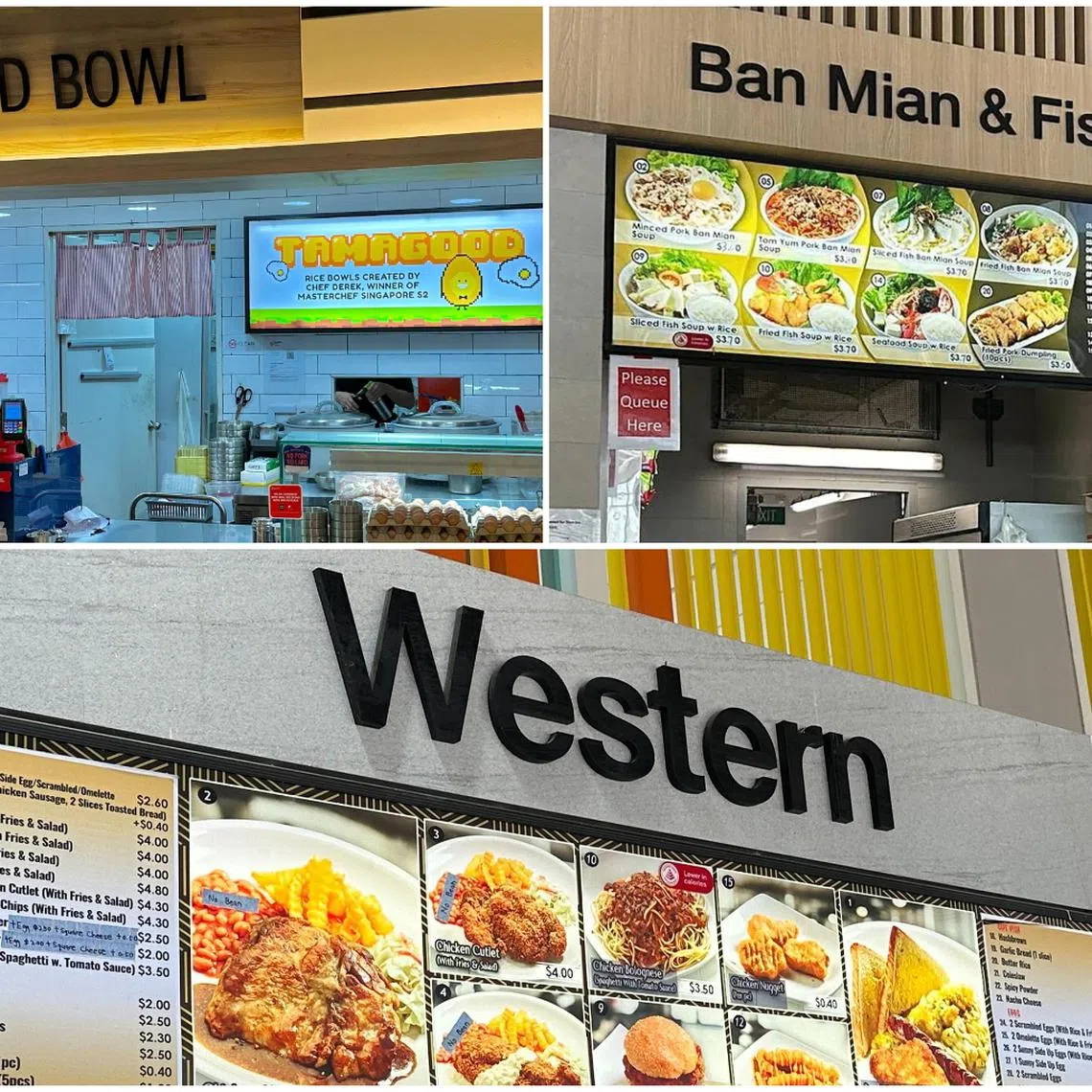 (Clockwise from top left) Singapore Polytechnic's Tamagood, Temasek Polytechnic's Ban Mian and Fish Soup stall