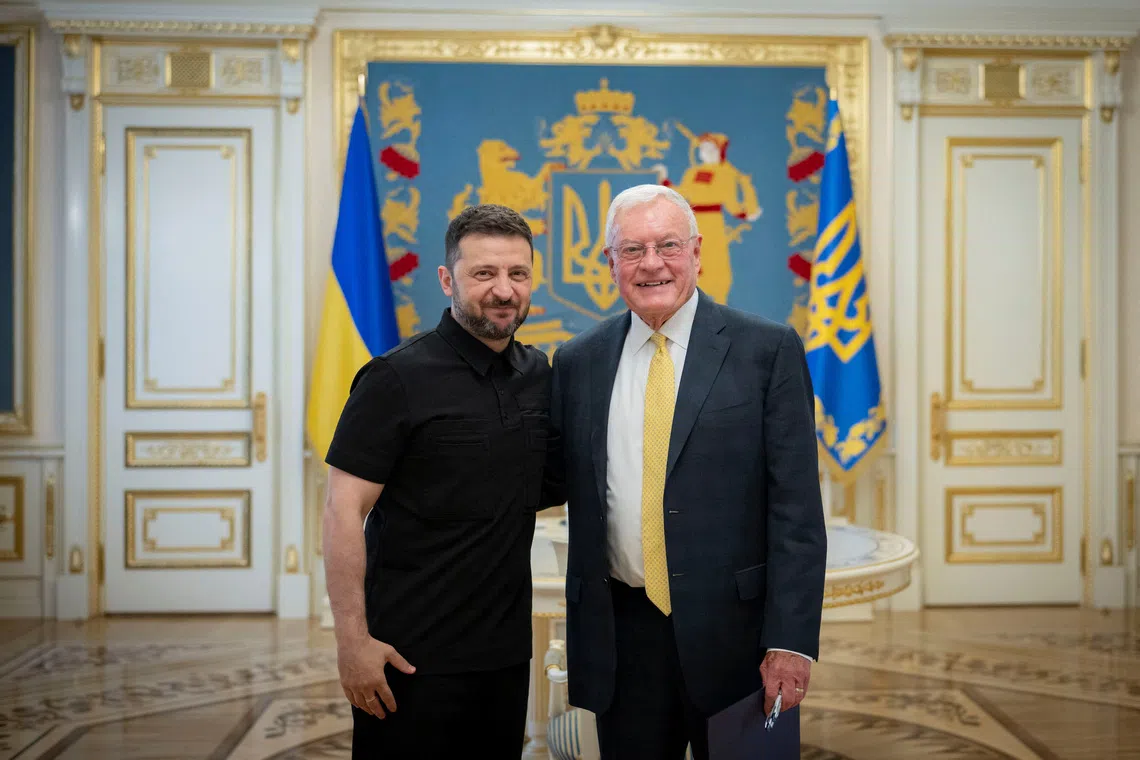 Ukraine's President Volodymyr Zelenskiy meets with U.S. Special Envoy for Ukraine Keith Kellogg, amid Russia's attack on Ukraine, in Kyiv, Ukraine July 14, 2025. Ukrainian Presidential Press Service/Handout via REUTERS
