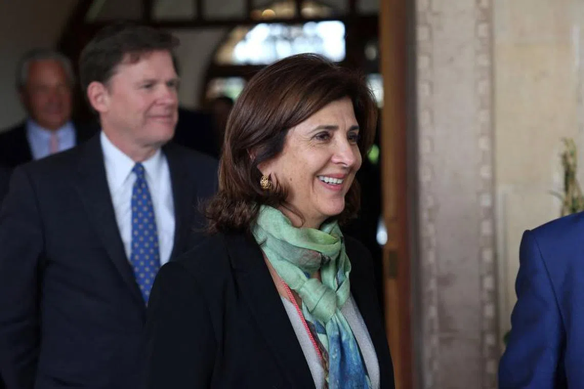 UN envoy on Cyprus Maria Angela Holguin Cuellar smiles to the press after a meeting with Cypriot President Nicos Christodoulides at the Presidential Palace in Nicosia, Cyprus January 30, 2024. REUTERS/Yiannis Kourtoglou