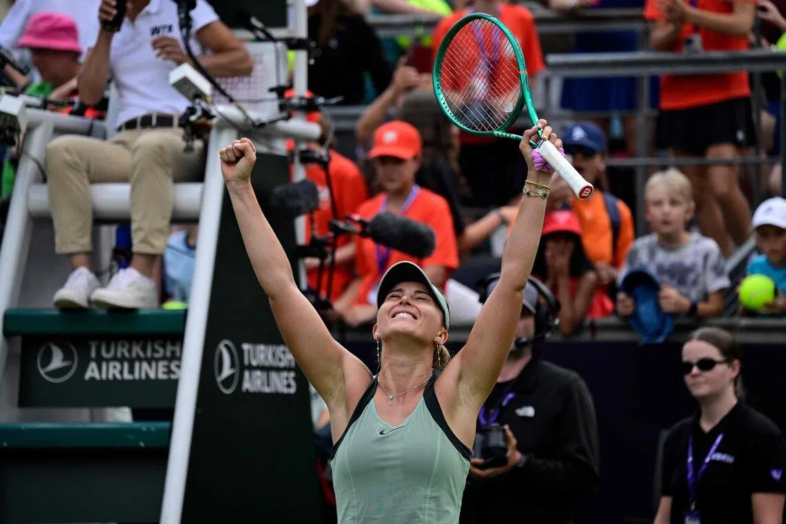 Spain's Paula Badosa celebrates after winning against USA's Coco Gauff during the women's singles round of 16 tennis match at the WTA 500 Berlin Tennis Open tournament.