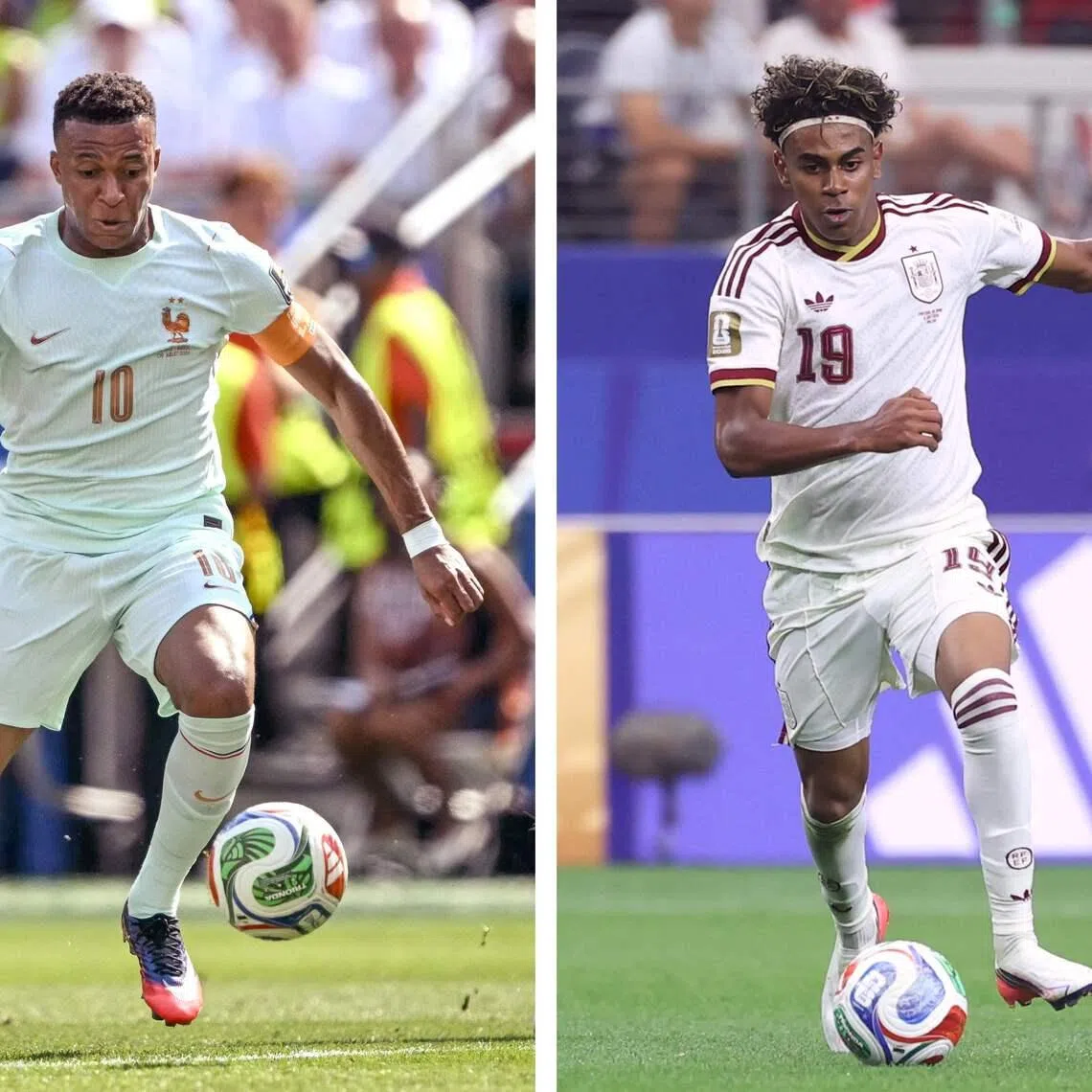 (COMBO) This combination of files photos created on July 12, 2026, shows France's forward #10 Kylian Mbappe in Foxborough on July 9, 2026 (L); and Spain's forward #19 Lamine Yamal in Arlington on July 6, 2026. France and Spain will meet in a 2026 World Cup semi-finall football match at the Dallas Stadium in Arlington on July 14, 2026. (Photo by Mauro PIMENTEL and Thomas COEX / AFP)