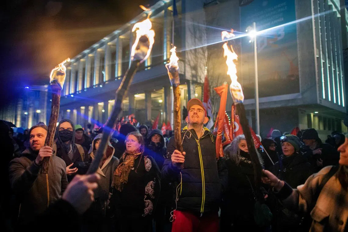 People protesting against the government's pension reform in Brest, France on Jan 26, 2023.