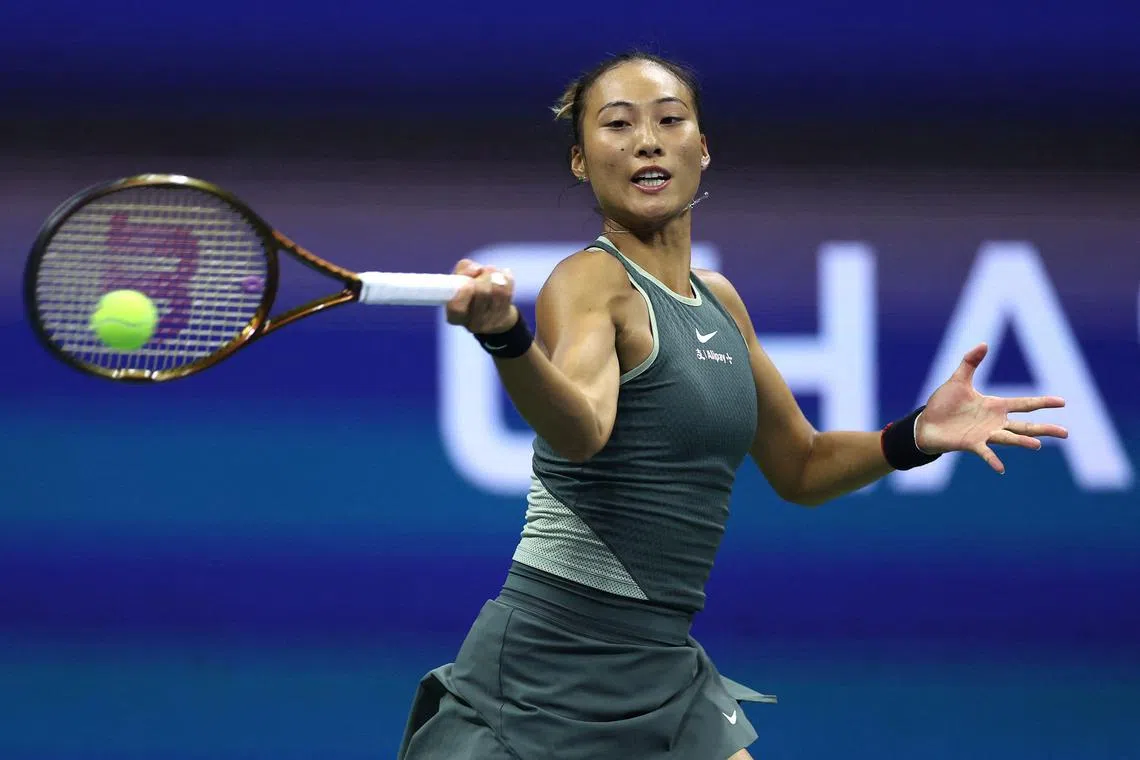 China's Zheng Qinwen playing a shot in her US Open quarter-final clash against world No. 2 Aryna Sabalenka. She lost 6-1, 6-2 and will now look ahead towards the Asian swing.