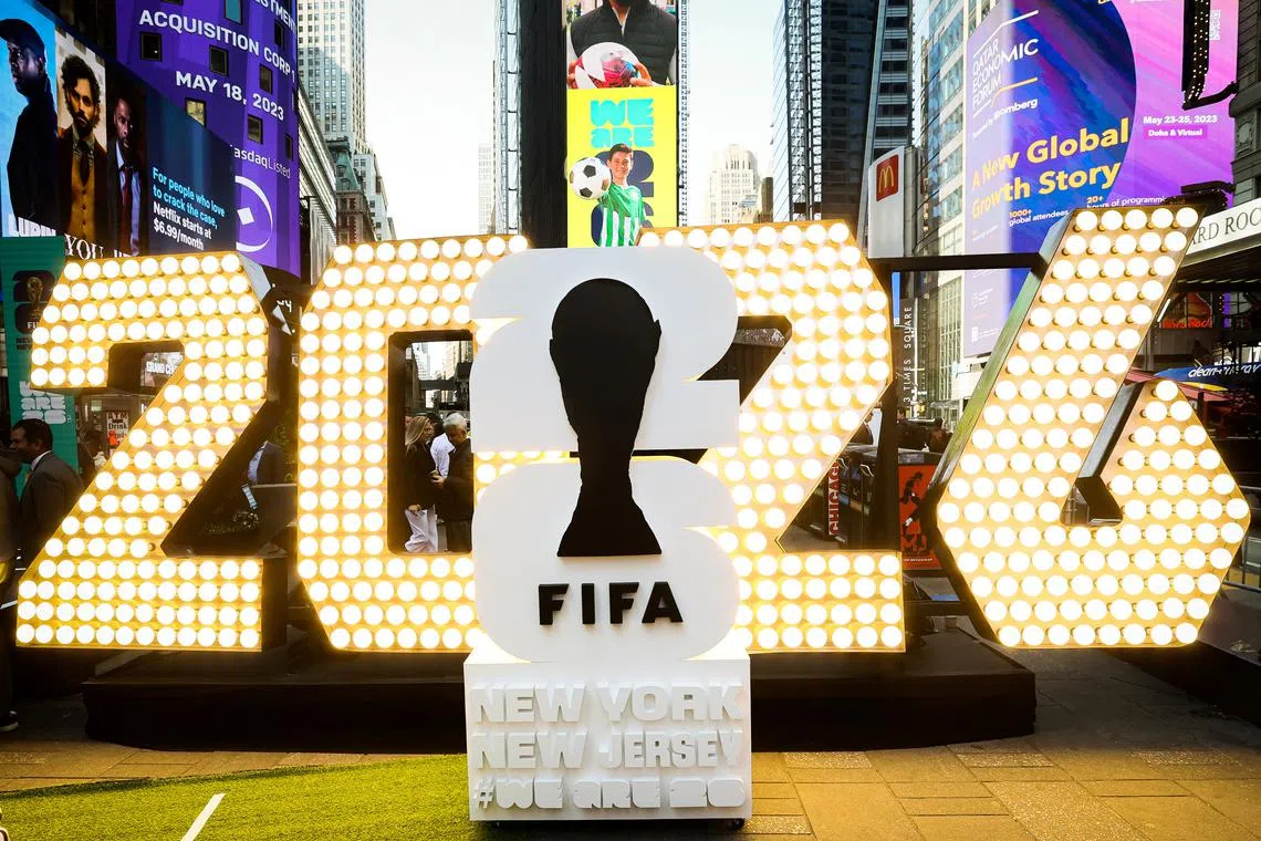 FILE PHOTO: The New York/New Jersey's FIFA World Cup 2026 logo is revealed during the kickoff event in Times Square in New York City, U.S., May 18, 2023.  REUTERS/Brendan McDermid/File Photo