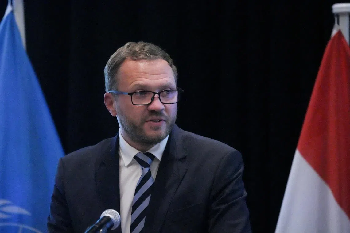 FILE PHOTO: Estonian Minister of Foreign Affairs Margus Tsahkna delivers remarks at the Freedom Online Coalition Ministerial Event on \"AI for Humanity: Charting the Global Course for Human Rights-Based Governance\" in New York ,  U.S. September 23, 2024. BRYAN R. SMITH/Pool via REUTERS/File Photo