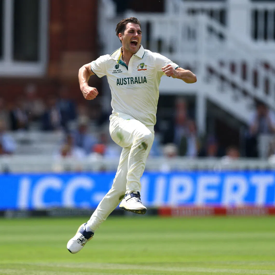 FILE PHOTO: Cricket - 2025 ICC World Test Championship Final - South Africa v Australia - Lord's Cricket Ground, London, Britain - June 12, 2025 Australia's Pat Cummins celebrates after taking the wicket of South Africa's David Bedingham, caught out by Alex Carey Action Images via Reuters/Andrew Boyers/File Photo