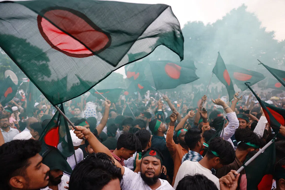 Celebrations in Dhaka on Aug 5 marking the one-year anniversary of student-led protests that led to the ousting of then Bangladeshi prime minister Sheikh Hasina.
