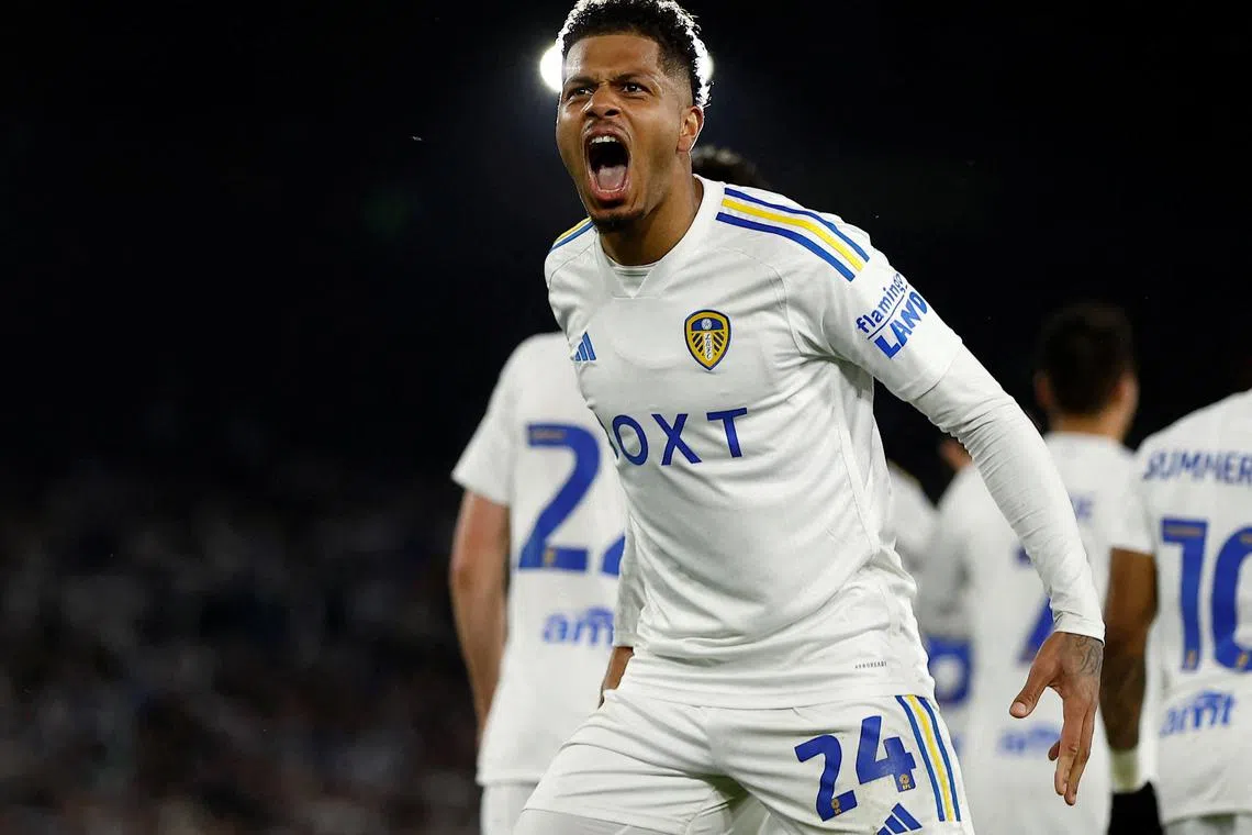 FILE PHOTO: Soccer Football - Championship - Play-Off Semi Final - Second Leg - Leeds United v Norwich City - Elland Road, Leeds, Britain - May 16, 2024 Leeds United's Georginio Rutter celebrates after Crysencio Summerville scores their fourth goal Action Images via Reuters/Jason Cairnduff/File Photo