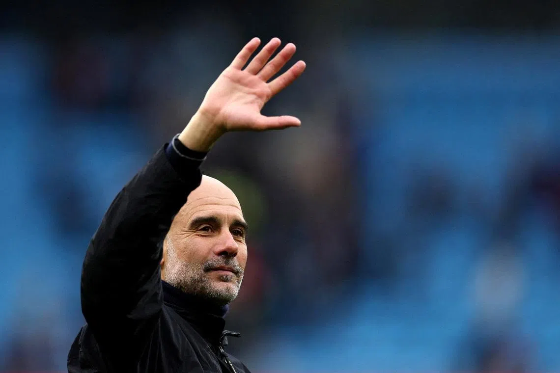 FILE PHOTO: Soccer Football - Premier League - Manchester City v Brentford - Etihad Stadium, Manchester, Britain - May 9, 2026 Manchester City manager Pep Guardiola celebrates after the match REUTERS/Chris Radburn/File Photo