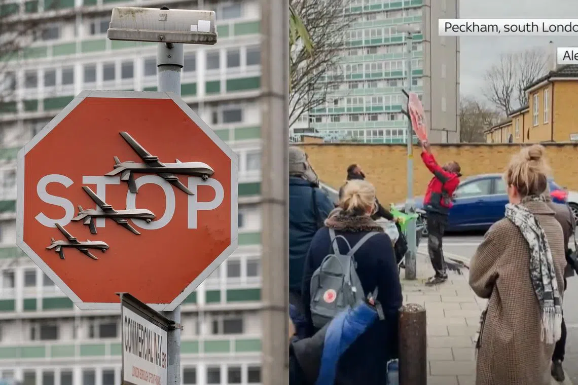 Shortly after the artwork was posted to Banksy’s social media, bystanders filmed two men taking it down, before one of them ran off with the sign under his arm.