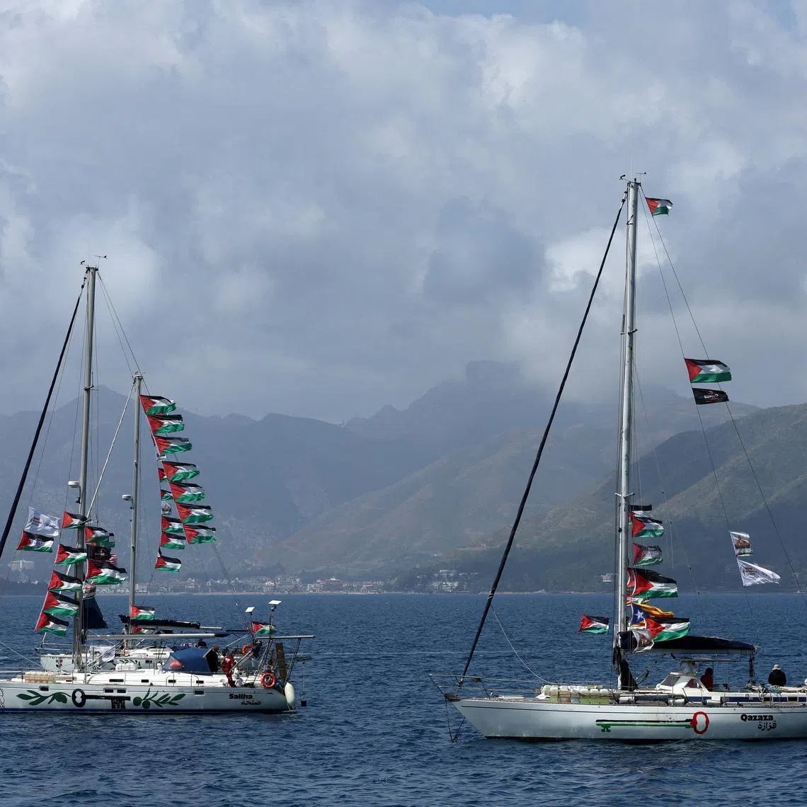 Sailing boats, part of Global Sumud Flotilla aiming to reach Gaza and break Israel’s naval blockade, are pictured before their departure in the southern Turkish resort of Marmaris, Turkey, on May 14.