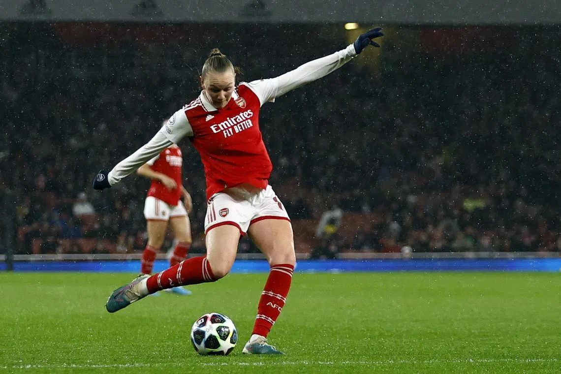Frida Maanum scoring Arsenal's first goal against Bayern Munich in the Women's Champions League at the Emirates Stadium on Wednesday. The English side won 2-0 on the night and 2-1 on aggregate to advance to the semi-finals.