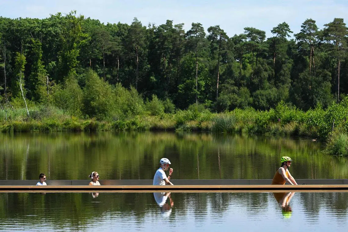 Cyclists riding on a bike lane through a lake near Bokrijk, Belgium, on July 10, 2025. 