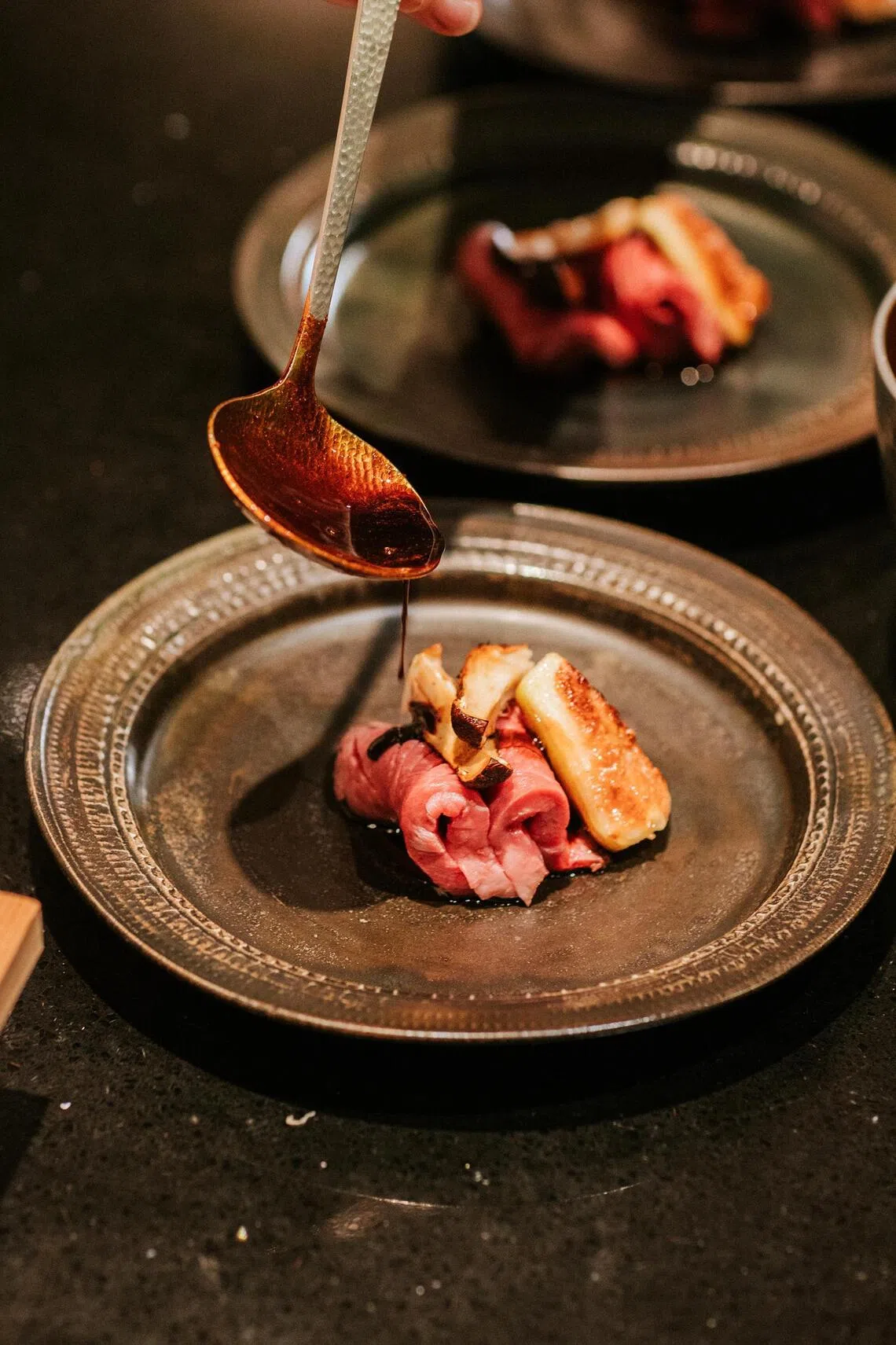 A5 Miyazaki Wagyu Sirloin with Japanese Fig and Organic Cacao Sauce from Ichigo Ichie’s a la carte menu.