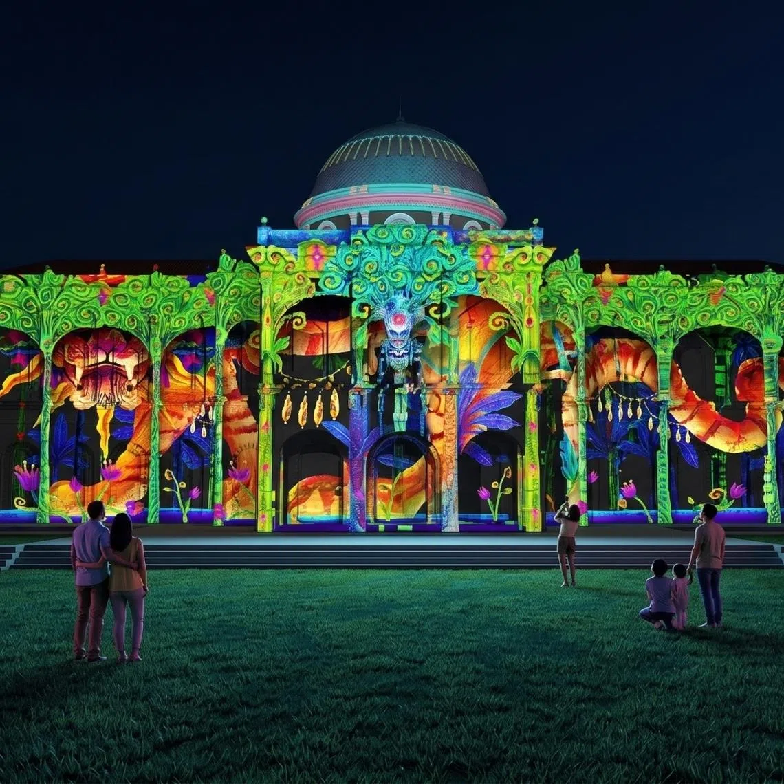Artist’s impression of Tales Of Earth And Sea, a facade project at the National Museum of Singapore by Indonesian multi-media artist team, The Fox, The Folks.