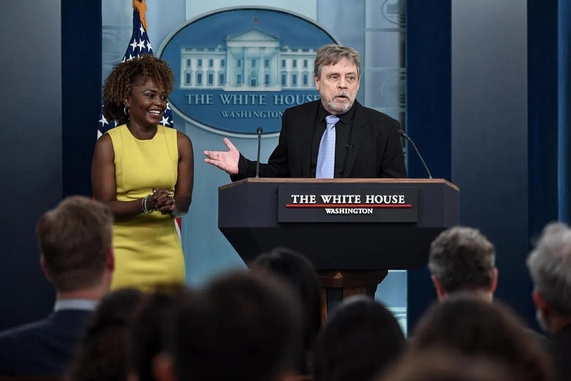 Legendary Star Wars actor Mark Hamill makes a surprise appearance in the White House briefing room after a meeting with US President Joe Biden.
