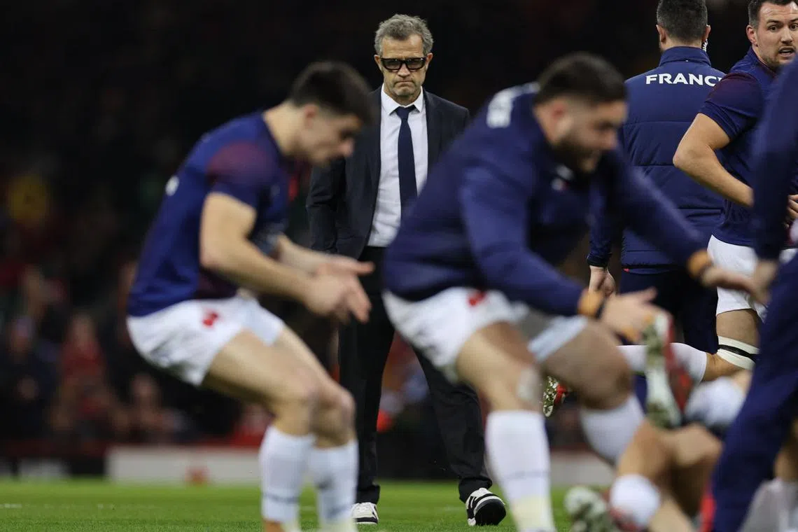 France's head coach Fabien Galthie watches his players warm up ahead of the Six Nations international rugby union match.