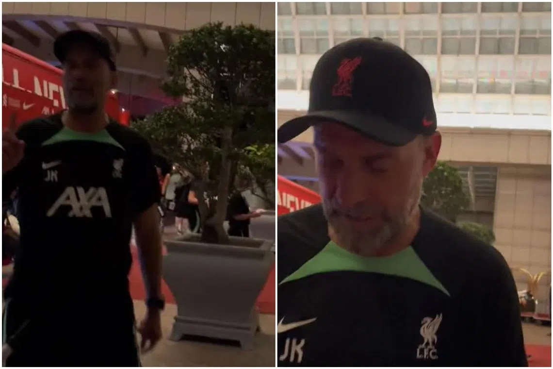 In the clip, Liverpool manager Jurgen Klopp seems to be in a rush as he walks from the team bus towards a group of fans at the Ritz Carlton.