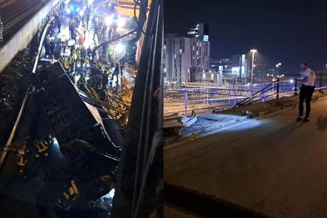 A coach veered off the road and fell close to railway lines, before catching fire., according to reports