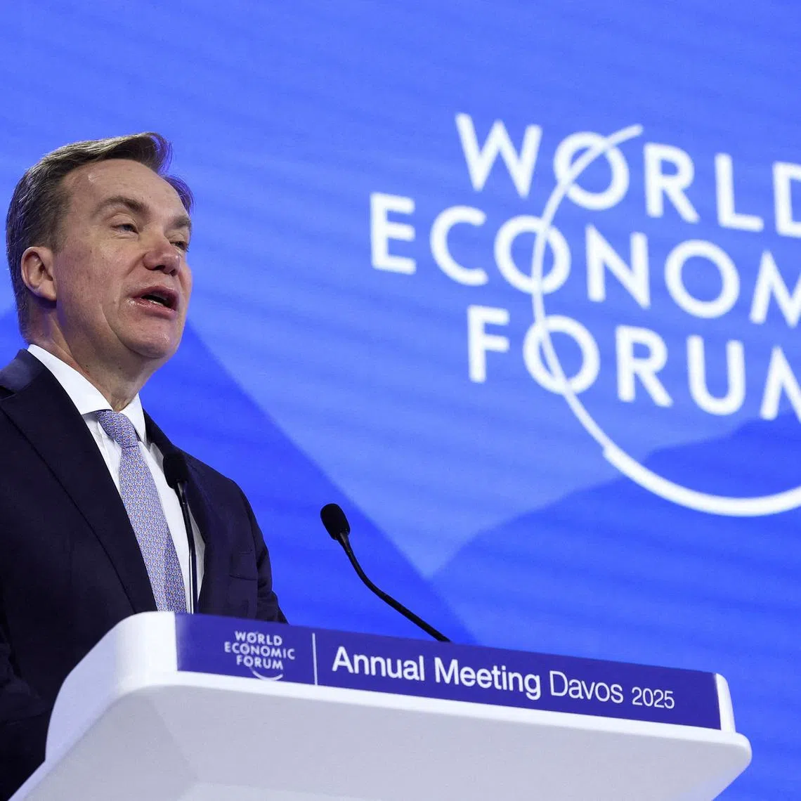 FILE PHOTO: President of World Economic Forum Borge Brende gives his welcoming remarks at the 55th annual World Economic Forum (WEF) meeting in Davos, Switzerland, January 21, 2025. REUTERS/Yves Herman/File Photo