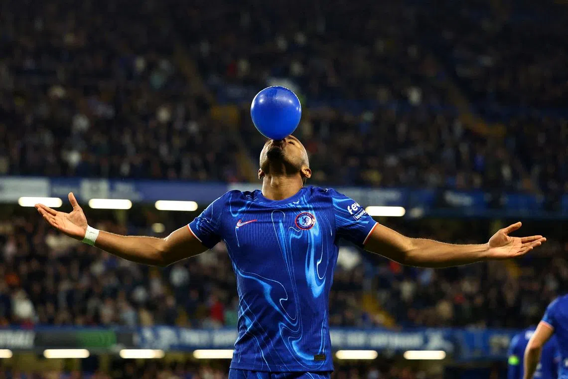Chelsea's Christopher Nkunku celebrating after scoring their third goal against K.A.A. Gent, during the Europa Conference League, held at the Stamford Bridge, London, Britain, on Oct 3, 2024.