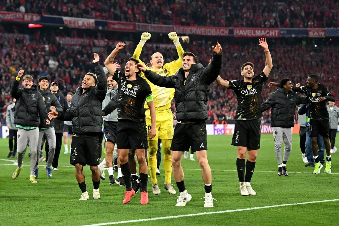 Soccer Football - UEFA Champions League - Semi Final - Second Leg - Bayern Munich v Paris St Germain - Allianz Arena, Munich, Germany - May 6, 2026 Paris St Germain's Desire Doue, Marquinhos, Matvey Safonov and Fabian Ruiz celebrate after reaching the UEFA Champions League final REUTERS/Angelika Warmuth