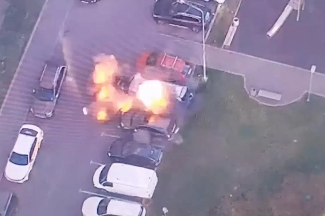 A moment of a car blast that reportedly injured an officer from Russia's GRU military intelligence is captured, in Moscow, Russia July 24, 2024 in this picture obtained by Reuters from a social media video. REUTERS/ File Photo